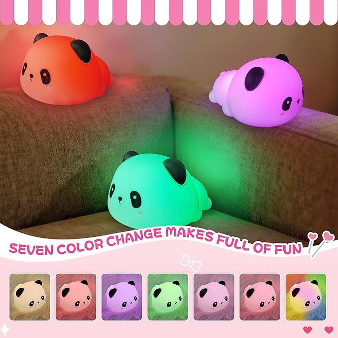 Night Light for Kids, Rechargeable Dimmable Silicone LED Nightlight with 7 Colors, Baby Nursery Night Lamp, Touch Squishy Lamp, Cute Gifts for Girls, Boys, Toddler Room Decor, Lying Panda - Bloomnest