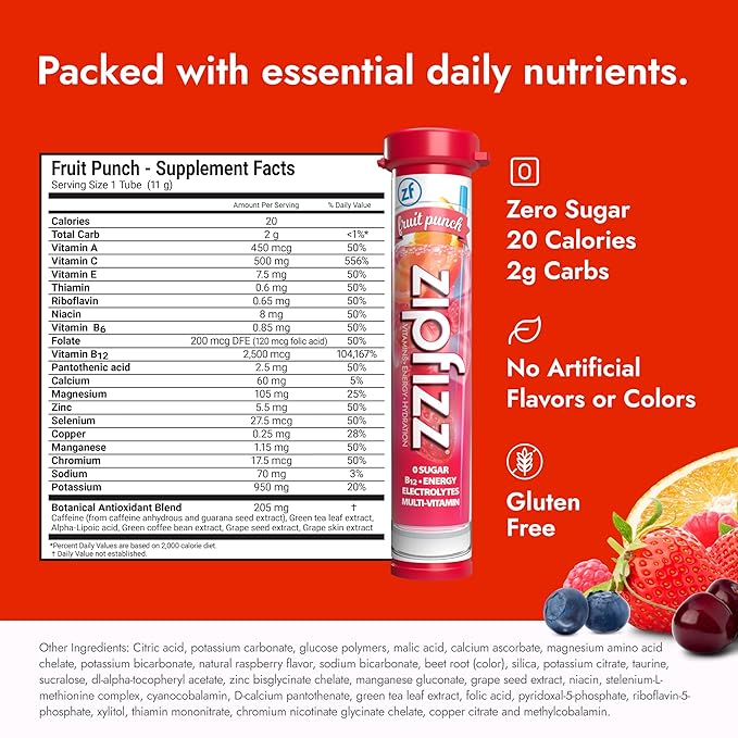 Zipfizz Daily Energy Drink Powder, Fruit Punch, 20 Pack 3-in-1 Sustained Energy, Rapid Hydration, and Essential Vitamins Sugar-Free Electrolyte Powder Contains Vitamin B-12 & Antioxidants - Bloomnest