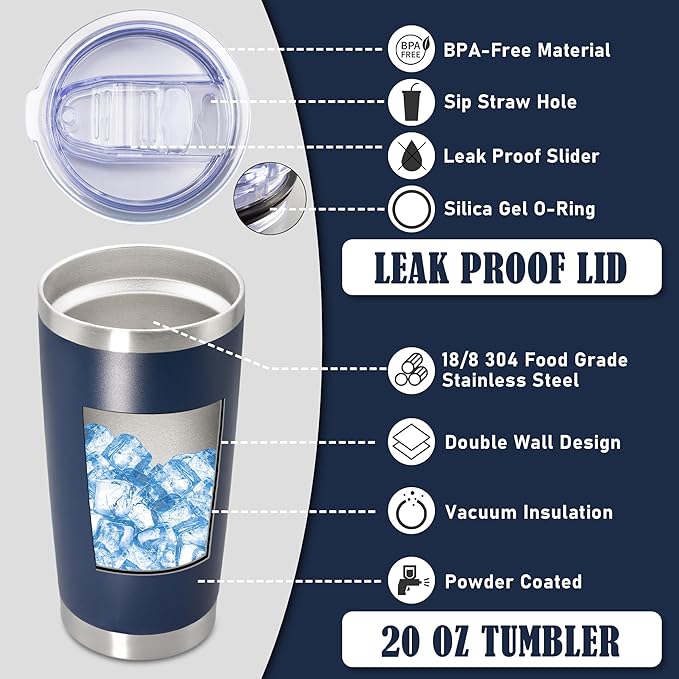 20 oz Tumbler Coffee Travel Tumblers Bulk with Lid Stainless Steel Double Wall Vacuum Insulated Mug Powder Coated Cups fit Car Cupholder for Hot and Cold - Navy, 8Pack