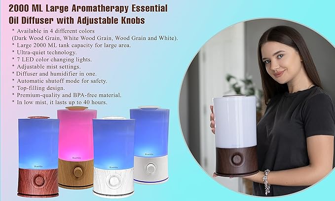 BlueHills Premium 2000 ML XL Large Essential Oil Diffuser Aromatherapy Humidifier for Large Room Home 40 Hour Run Huge Coverage Area Lights 2 Liter Extra Large Capacity Diffuser White Wood Grain E004 - Bloomnest