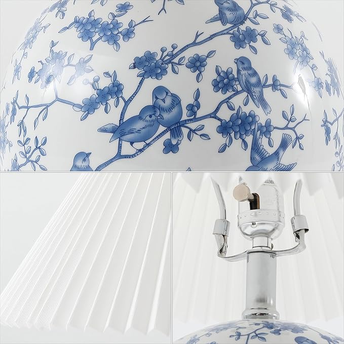 JONATHAN Y JYL5056B Shishen 19.5" Cottage Classic Chinoiserie Ceramic Orb LED Table Lamp with Pleated Shade, White/Blue for Bedroom, Living Room, Kitchen, Home Office, Kids Room - Bloomnest
