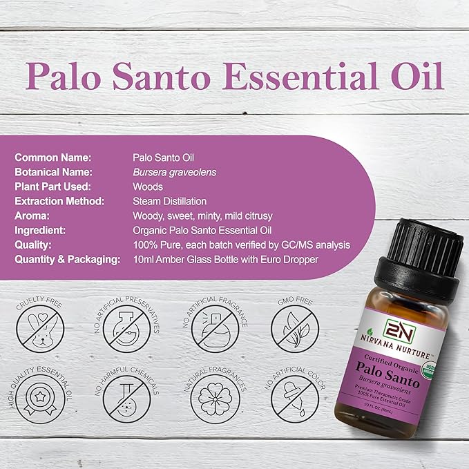 Palo Santo Essential Oil, USDA Certified Organic, 100% Pure Undiluted, Aromatherapy Oil for Diffuser, Hair & Skin Care NirvanaNurture