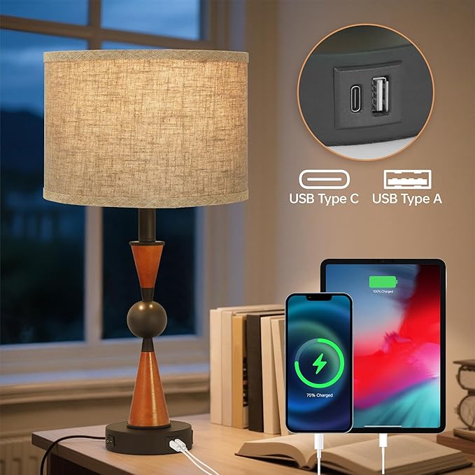 23'' Modern Table Lamps Set of 2 - Farmhouse Bedside Lamps for Bedroom with USB A+C, Wooden Lamps for Night Stands, Lamp for Living Room End Tables - Bloomnest