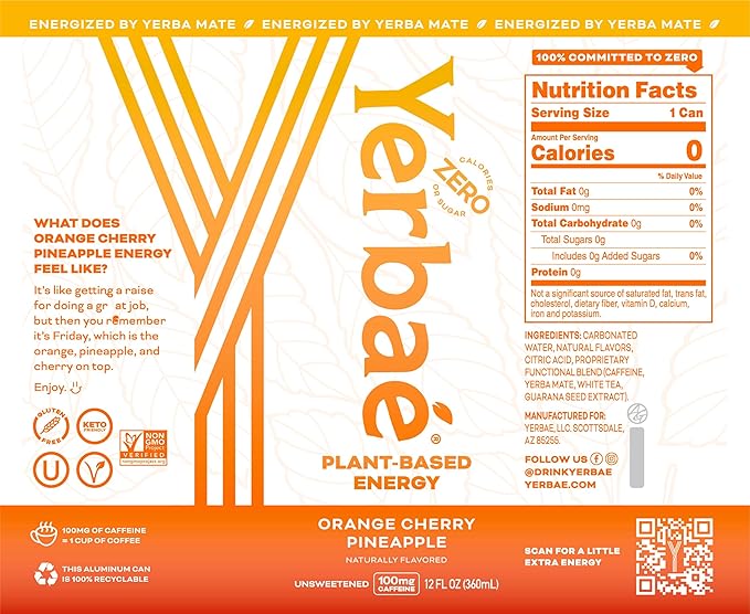 Yerbaé Energy Seltzer - Orange Cherry Pineapple No Sugar/Calories/Carbs. Energized by Yerba Mate, Naturally Caffeinated Plant-Based, Healthy Alternative to Coffee/Sugary Sodas, Pack of 12, 12oz cans - Bloomnest