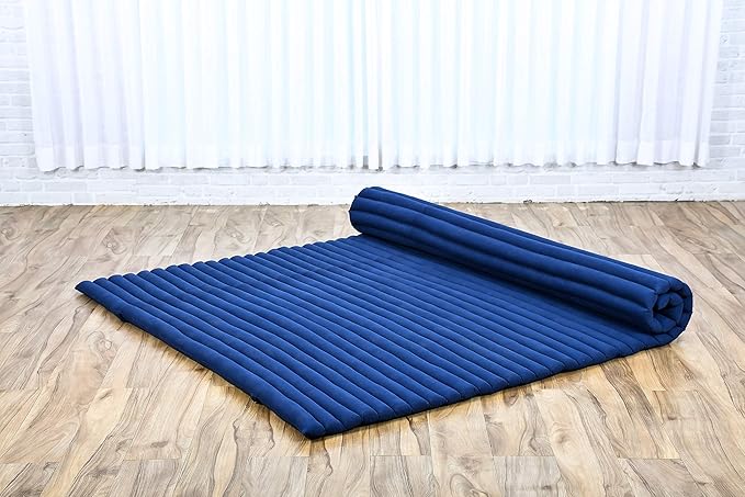 Leewadee - Foldable Floor Mattress - Japanese Roll Up Futon -Trifold Tatami Mat- Guest Floor Bed - Camping Mattress - Thai Massage Mat, Kapok Filled, 75 x 57 inches, Blue - Bloomnest