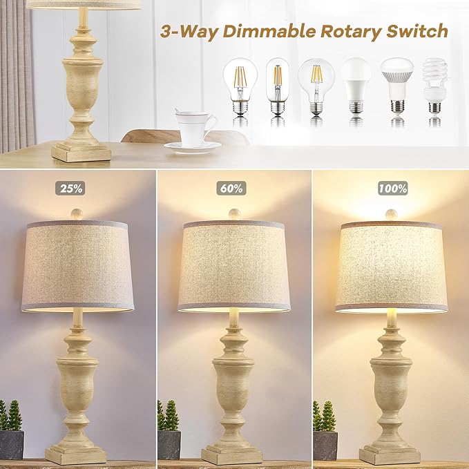 27.5" Vintage Farmhouse Table Lamps Set of 2 Bedside Lamp, 3 Way Dimmable Bedroom Lamps with 2 USB Ports +AC Outlet Touch Nightstand Lamp Rustic Lamp (Rotary-Antique Beige) - Bloomnest