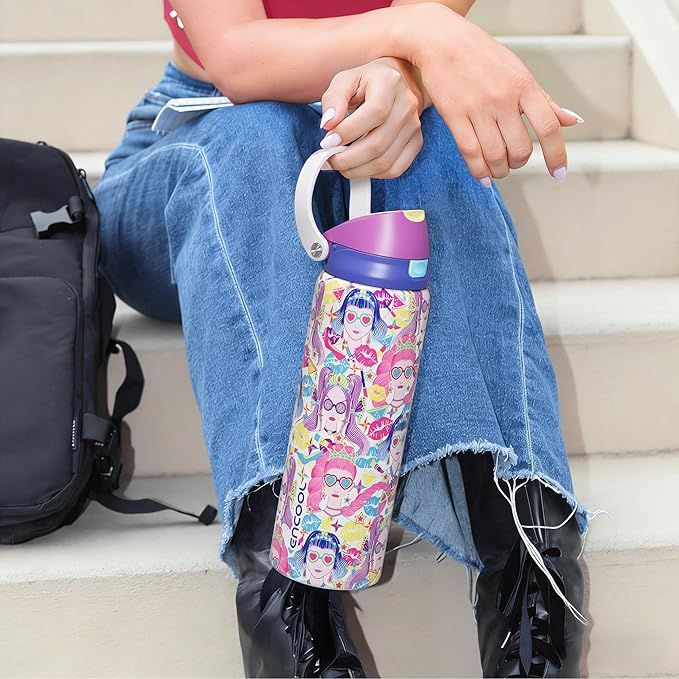ENCOOL Leakproof Insulated Water Bottle with Straw Dual-Sip Water Bottle Bag-Safe Design for Work, Commute & Gym – Keeps Drinks Cold All Day, 24 oz, Party Trendy ENCOOL