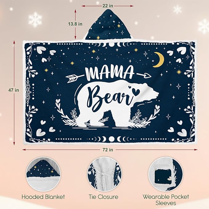 GEEMBI Birthday Gifts for Mom - Mama Bear Blue Blanket Hoodie 47x72 in - Mom Birthday Gifts from Daughter Son Husband, Mama Gift Ideas, Gift for Mother Grandma Wife, Hoodie Blanket for Women - Bloomnest
