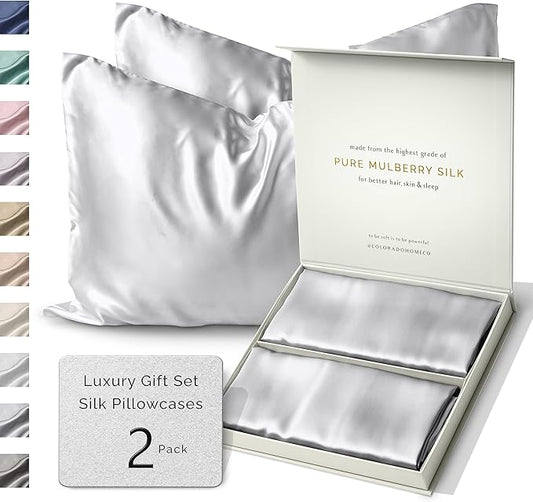 Colorado Home Co 100% Mulberry Silk Pillowcase Set of 2, King Size, Silver Grey, 22 Momme 6A Silk, Zipper Closure - Bloomnest