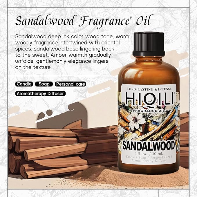 HIQILI Sandalwood Fragrance Oil for Home Diffuser, Luxury Hotel Scent, Perfect for DIY Candle & Soap Making, Add to Body Lotion - 1 Fl Oz - Bloomnest