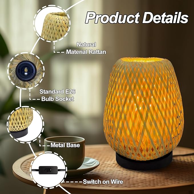 Boho Woven Nightstand Table Lamp - Rattan 3 Color Temperature Handmade Rattan Bamboo Lamp for Bedroom, Living Room - Bloomnest