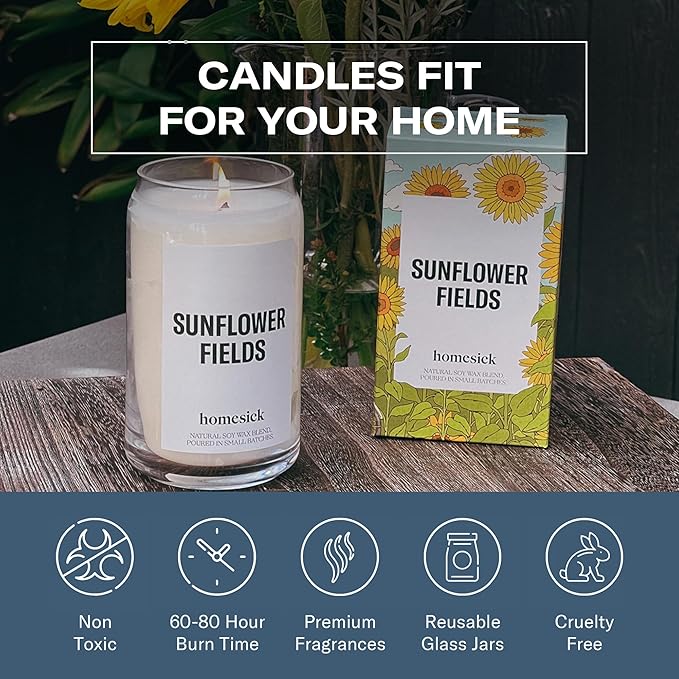 Homesick Scented Candles for Home (Sunflower Fields) - 13.75 oz Long-Lasting Natural Soy Wax Blend Jar Candle Gifts for Women & Men, 60-80 Hours Burn Time - Notes of Grass, Lemon & Lime - Bloomnest