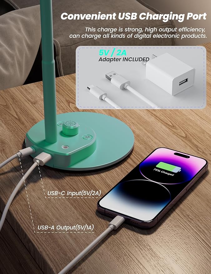 BOHON LED Desk Lamp with USB Charging Port, 3 Color Modes Fully Dimmable Reading Lamp, Auto Dimming Task Lamp, Flexible Gooseneck Table Light for Office Dorm Bedside, Adapter Include, Teal - Bloomnest