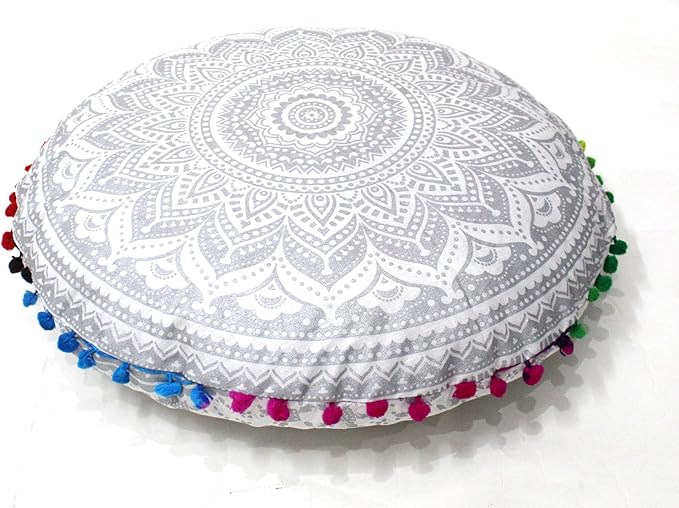 CRAFT KALA Boho Large Floor Pillow Pouf Cover Mandala Meditation Room Pillow Cover for Adults Round Bohemian Seating Pouf Cushion Cover for Kids Playroom 22" Silver Matellic Ombre - Bloomnest