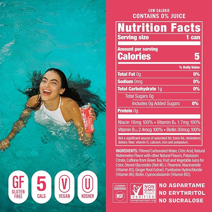 GORGIE Sugar Free Natural Energy Drinks, Sparkling Watermelon Crush (12 Pack) - Healthy Energy Drink - Natural Coffee Replacement with Green Tea Caffeine and Biotin, 150mg Caffeine, Vegan, Low Calorie - Bloomnest