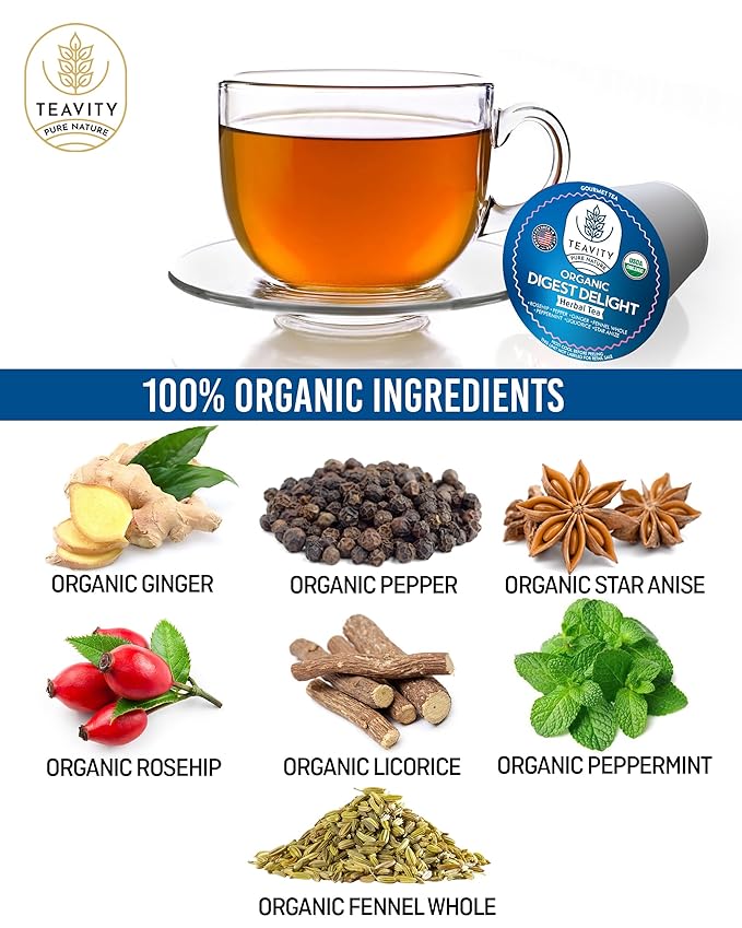 Organic Tea Pods with Ginger, Peppermint, Fennel, Licorice, & Rosehip Digest Delight by Teavity (36 Tea Pods) - Bloomnest