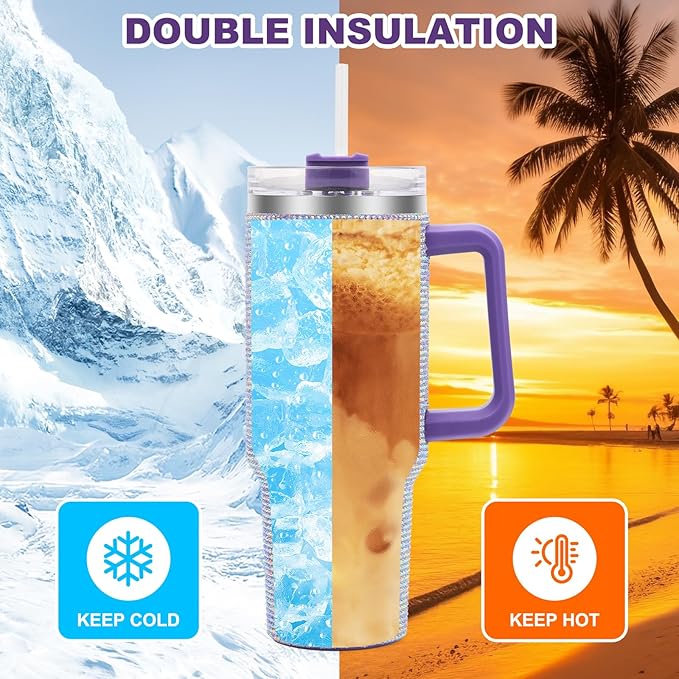 40 oz Tumbler with Handle and Flip Straw Lid, Insulated Leak Proof Double Walled Stainless Steel Rhinestone Diamond Studded Bling Travel Mug Tumblers, Maintains Cold Ice and Heat for Hours - Bloomnest