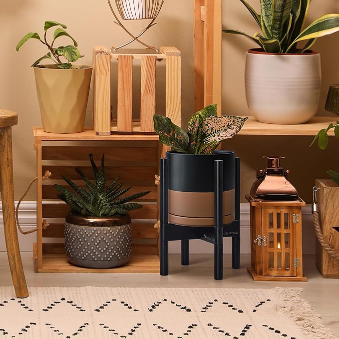 D'vine Dev Ceramic Planter with Ebony Stand - 8 Inch Modern Round Flower Pot with Wood Planter Holder, Black/Speckled Tan, 55-B-M-7 - Bloomnest