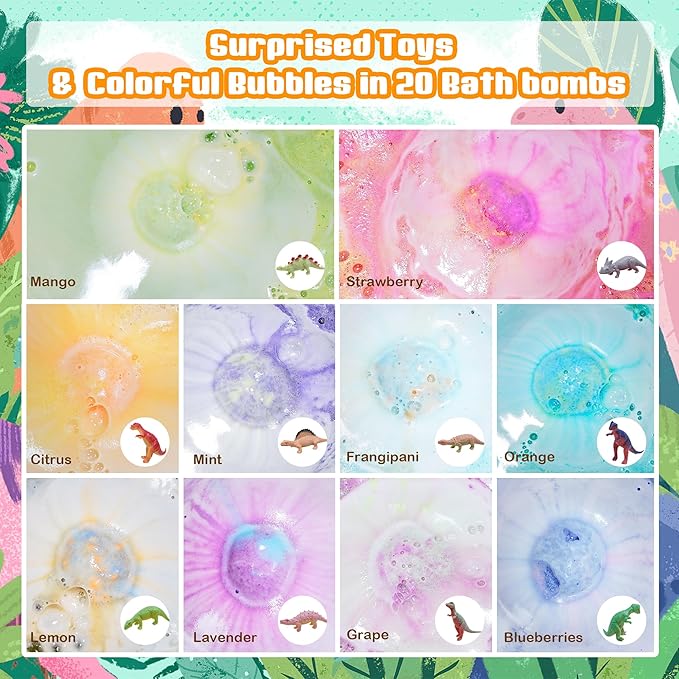Bath Bombs for Kids with Surprise Toys Inside - 20 Dinosaur Bath Bombs Easter Eggs Gifts, Bubble Bath Fizzers, Kids Bubble Bath with 24pcs Dinosaur Puzzles and 2pcs Car, Boys Easter Basket Stuffers - Bloomnest