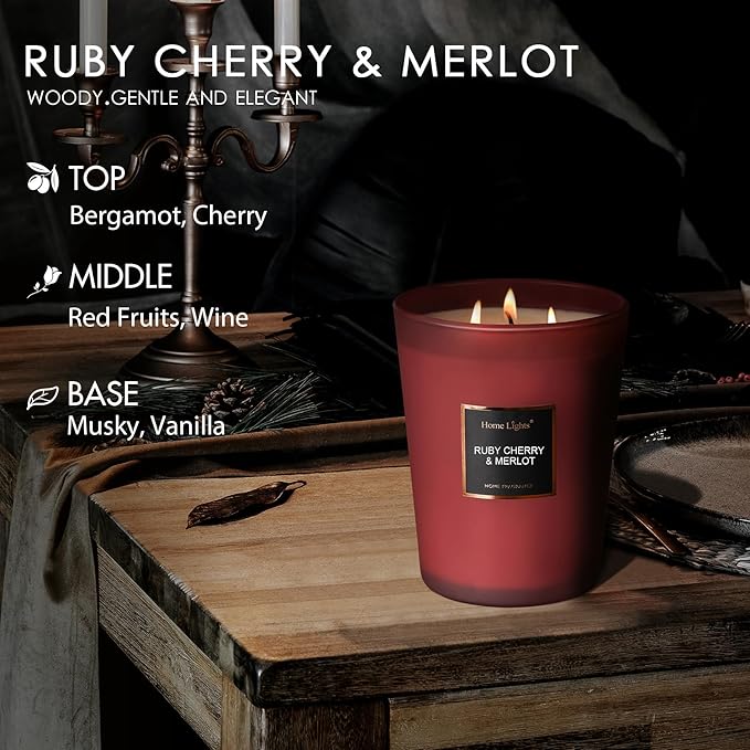 HomeLights Scented Candles - Large Jar Aromatherapy, Natural Soy Wax, 130 Hour Long Burning, Ruby Cherry & Merlot - Bloomnest
