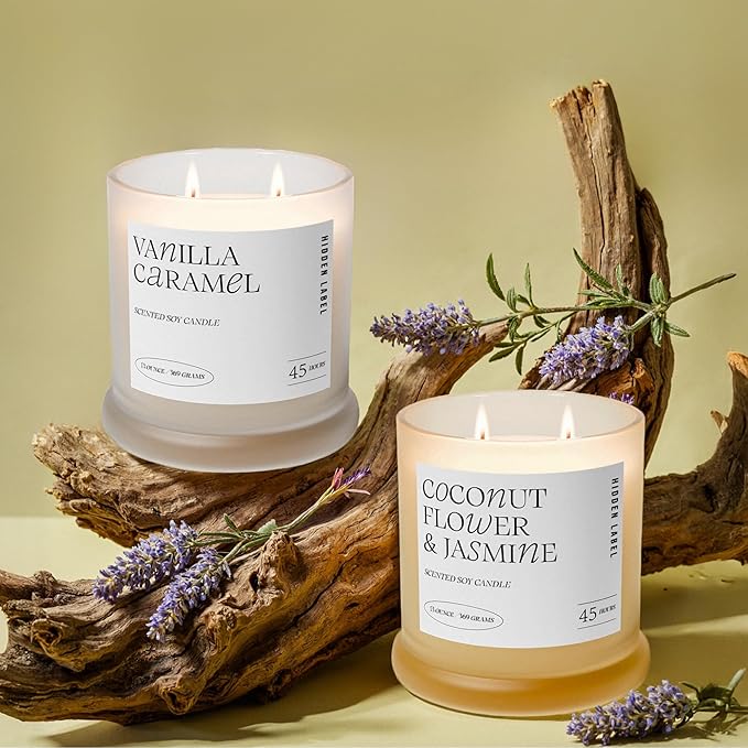 Hidden Label Coconut Flower & Jasmine Scented Candle | 2 Wick Large Candles for Home Scented 13oz 75Hour Long Lasting Slow Burning | Aromatherapy Candle for Home Decor, Stress Relief & Relaxation - Bloomnest