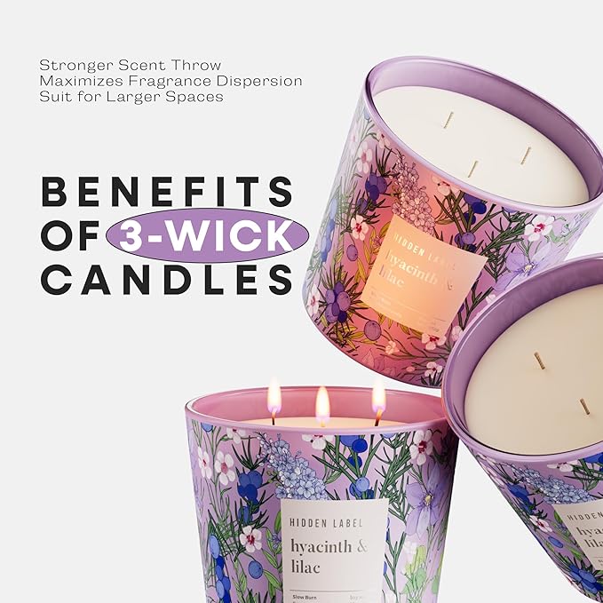 Hidden Label Hyacinth & Lilac Soy Candle, 3 Wick Large Candles for Home Scented, 30oz Natural Soy Candles Non Toxic, 100 Hour Burn Time, Aromatherapy Candle for Stress Relief, SPA, Larger Rooms - Bloomnest