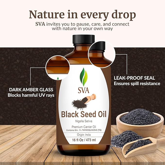 SVA Black Seed Oil - 16 Fl Oz – 100% Natural Cold Pressed Black Seed Oil - for Face, Skin Care, Hair Care, Scalp Massage & Body Massage – Carrier Oil - Bloomnest