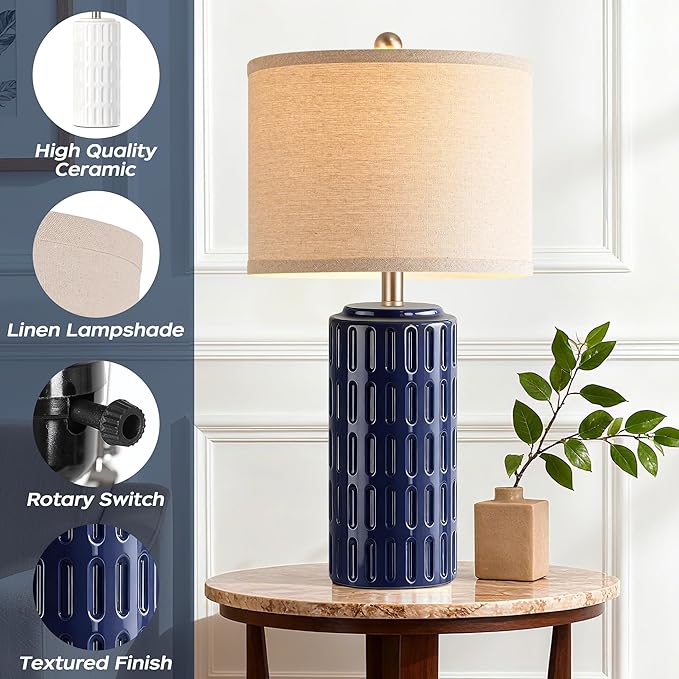 PARTPHONER 23" Farmhouse Modern Ceramic Table Lamp Set of 2 - Navy Blue Bedside Lamps for Bedroom & Living Room, Nightstand, Desk, End Table - Bloomnest
