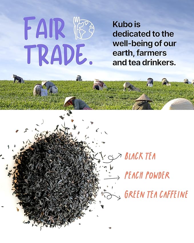 Kubo Tea Peach Mango Black Iced Tea - Organic Pillow Tea Bags - High Caffeine Coffee Alternative w/ 20 Servings (155mg Caffeine each) - Premium Flavored Blend w/Compostable & Biodegradable Packaging - Bloomnest