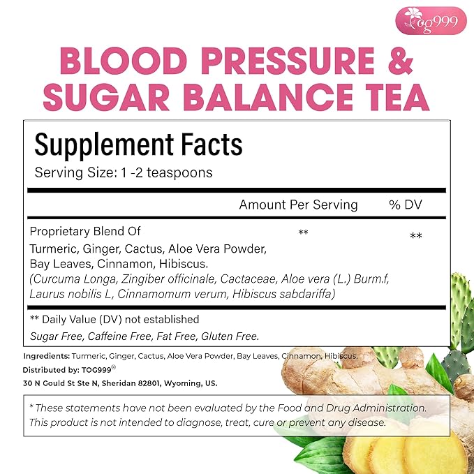TOG999, Premium Blood and Sugar Balance Tea | 300gr - 10.5oz | 100% Natural Turmeric, Ginger, Cactus Nopal, Aloe Vera, Bay Leaf, Cinnamon & Hibiscus - Loose Powder Herbal Blend – Caffeine-Free Tea