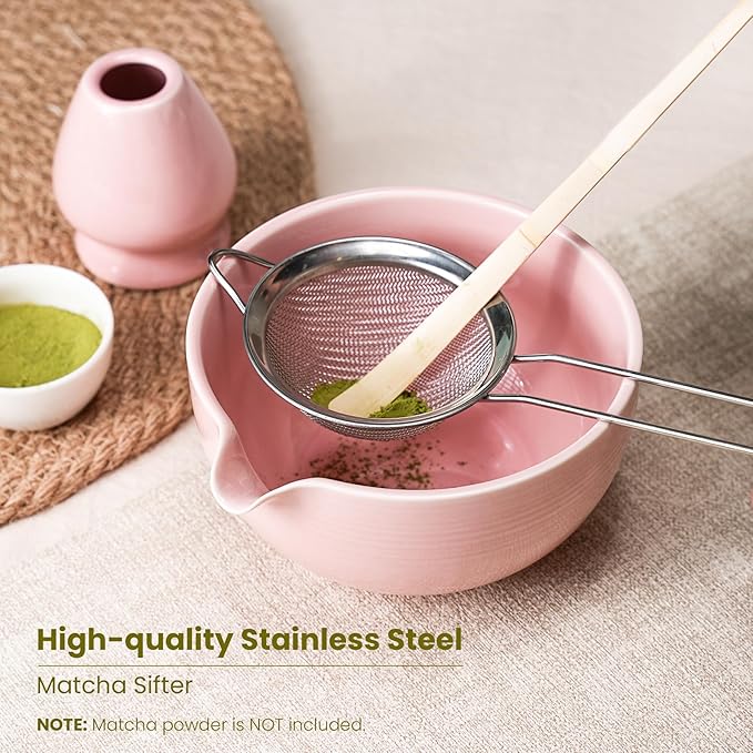 Matcha Whisk Set, Handcrafted Bamboo Chasen & Ceramic Bowl Matcha Kit,Complete 5 Pcs Pink Matcha Set Whisk and Bowl W/Stainless Steel Sifter,Bamboo Scoop & Holder for Matcha Tea Ceremony(Sakura Pink) - Bloomnest
