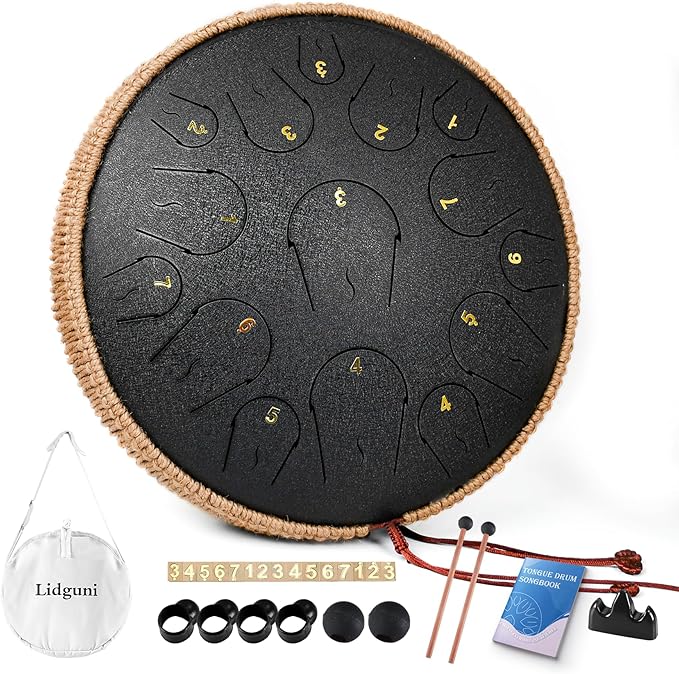 Steel Tongue Drum - 14 Inch 15 Note Tongue Drum - Hand Pan Drum with Music Book, Handpan Mallets and Carry Bag, C Major, Black - Bloomnest
