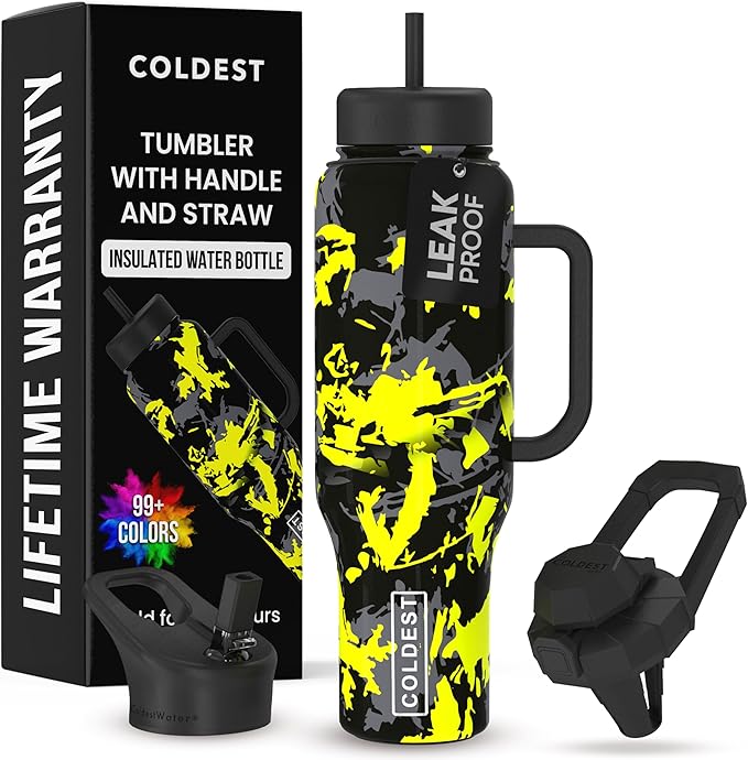 Coldest Tumbler with Handle and Straw - 100% Leak Proof Insulated Tumbler with Lid and Straw (3 Lids) - Stainless Steel Tumblers for Women & Men - Cup Holder Friendly Base, 46 oz (Off Road) - Bloomnest