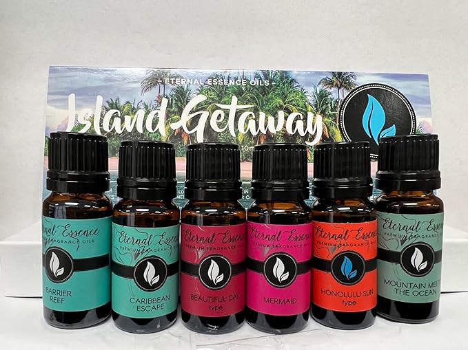 Eternal Essence Oils Island Getaway Set of 6 Premium Fragrance Oils - Includes Barrier Reef, Mountain Meets The Ocean, Beautiful Day, Caribbean Escape, Mermaid, and Honolulu Sun Hype - 10ML - Bloomnest