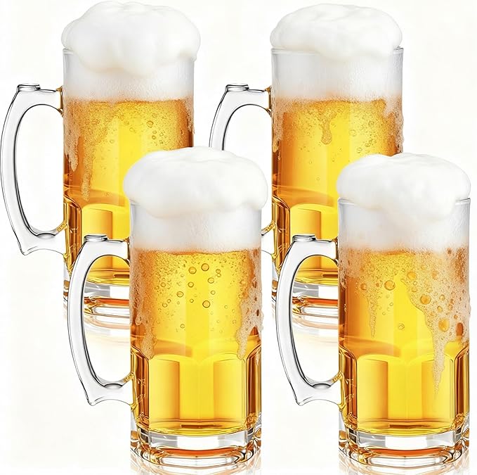 Set of 4 34 oz Extra Large Beer Mugs with Handles Glass German Clear Tall Heavy Beer Cups Steins Mugs Pint Weizen Glasses for Freezer Coffee Drinking Tea Water Cocktail Alcohol Beverages Pub - Bloomnest