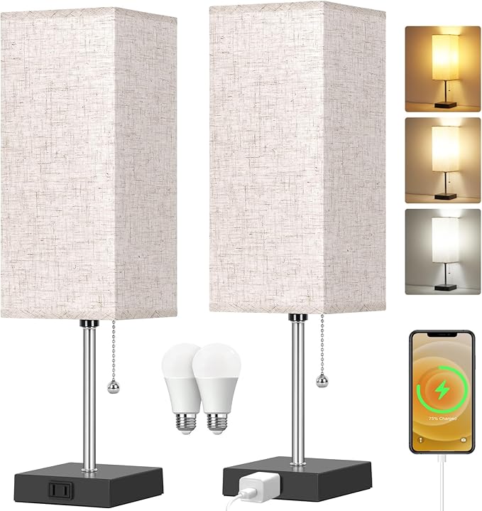 Table Lamp for Bedroom set of 2,3-Color Bedside Lamps with Pull Chain Table Lamps for Nightstand with AC Outlets,18'' Night Light Lamps with 2 Bulb Lamps for Living Room Kids Office Decor（Black+Cream） - Bloomnest