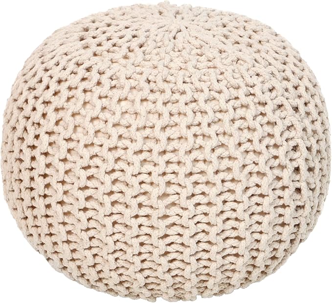 REDEARTH Round Pouf Ottoman - Cable Knitted Boho Poof - Home Décor Cord Pouffe Handmade Circular Footrest for Living Room - Bedroom - Kids Bedroom - 100% Cotton Pouf (18" x 18" x 14") - Ivory - Bloomnest