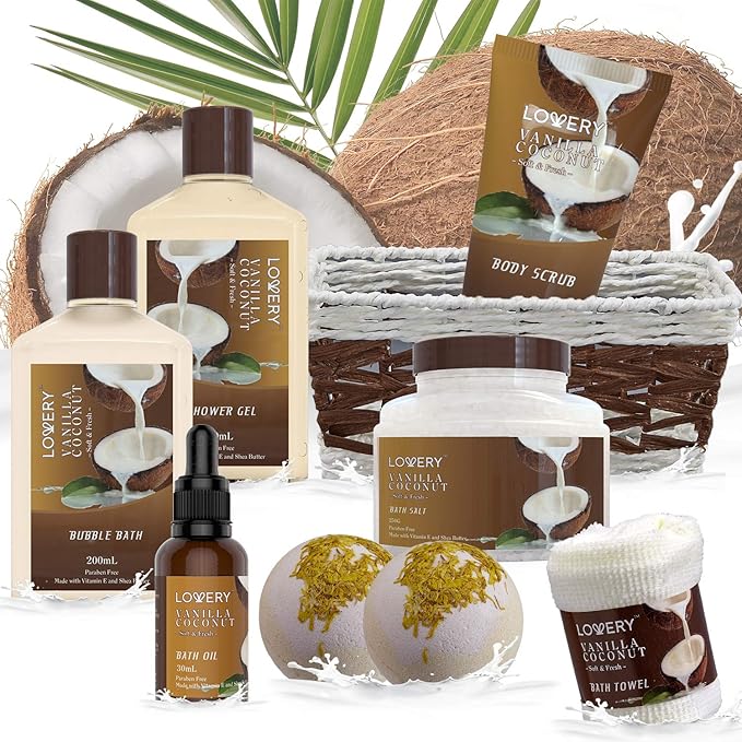 Gifts For Women Gift Basket for Women– 9 Piece Set of Vanilla Coconut Home Spa Set, Luxurious Valentines Day Gifts for Her, Bath and Body Sets Includes Fragrant Lotions, Large Bath Bombs, Coconut Oil - Bloomnest