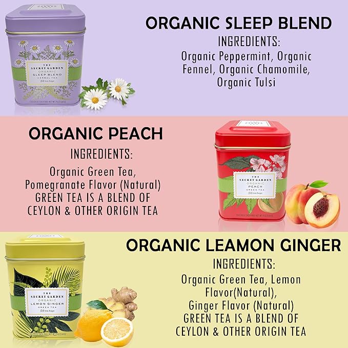 Premium USDA Organic Ceylon Tea Sampler Set - 6 Flavors, 50 Bags Per Tin (300 Total) Variety Pack Non-GMO, Herbal, Fruity, Green & Black, Caffeinated & Decaffeinated - Bloomnest