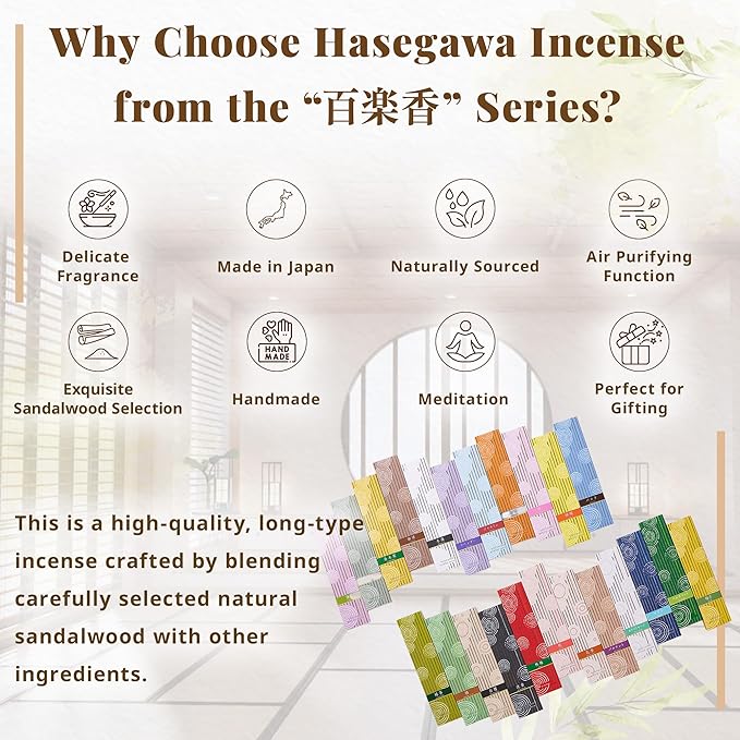 Hasegawa Hyakurakuko Premium Japanese Sandalwood Incense - Long Type, 40 Sticks with Aluminum Holder, 20-30 Min Burn Time, Made in Japan 線香 百楽香 (Green Tea) %E3%81%AF%E3%81%9B%E3%81%8C%E3%82%8F%EF%BC%88Hasegawa%EF%BC%89