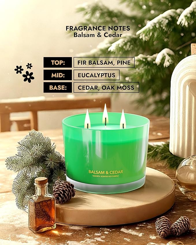 96NORTH Luxury Candle Balsam & Cedar Scented | Large 3-Wick Jar Candle | Up to 40 Hours Burning Time | 100% Natural Soy Wax | Ideal Christmas Candles Gift - Bloomnest