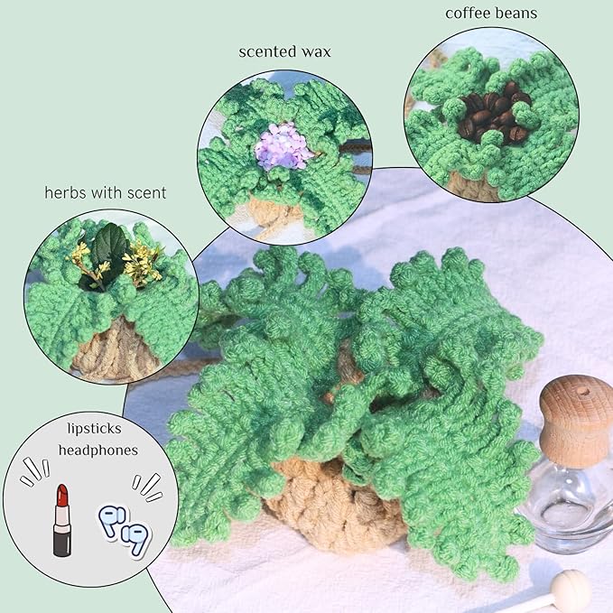 Handmade Crochet Hanging Car Air Freshener - Botanical Fern Leaf Design with 12ml Refillable Glass Essential Oil Bottle, Long-Lasting Car Diffuser & Nature-Inspired Decor - Bloomnest