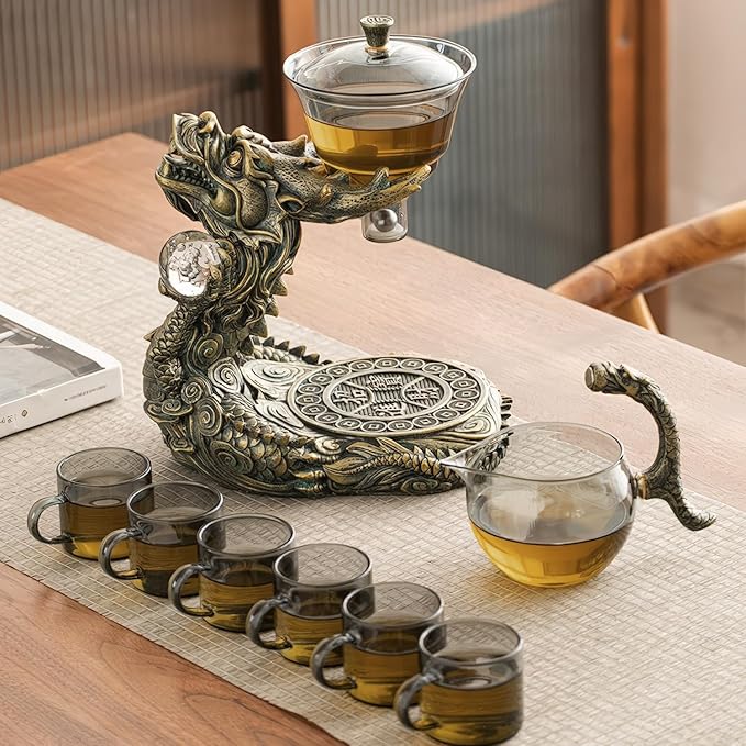 Dragon Lazy Tea Set, Semi Automatic Dragon Tea Set, Glass Magnetic Teapot Set with Infuser, Semi Automatic Tea Drip Pot Set for father's birthday, Christmas gift
