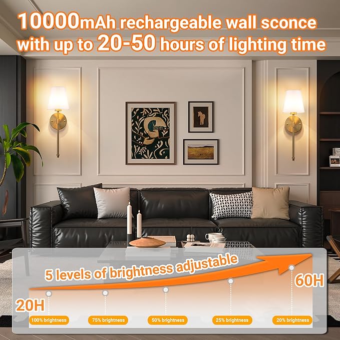 Battery Operated Wall Sconces Set Of 2, Wireless Battery Wall Light With 10000mAh RGB Rechargeable Magnetic Bulb, Rechargeable Wall Sconce With Remote Control For Bedroom, No Electrician Required - Bloomnest