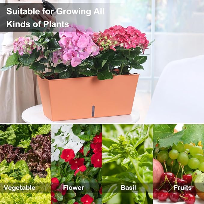 Window Box Planter 6 Pcs, 12.6 Inches Self Watering Rectangle Flower Plant Pots with Drainage Holes & Breathable Trays, Vegetable Planters for Windowsill Patio Garden Balcony Porch Yard (Orange) - Bloomnest