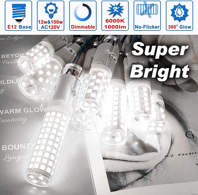 E12 100w Dimmable LED Candelabra Bulbs Replacement C7,6000K Daylight Bright Cool White,1000 Lumen T6 E12 12W LED Candle Bulbs for Ceiling Fan Chandelier Pendant Lighting Salt Lamp,No Flicker,2 Pack - Bloomnest