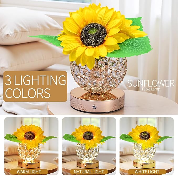 Flower Lamp with USB Charge,3-Colour Infinitely Dimmable Artificial Sunflower LED Table Lamp,Rechargeable Cordless Touch Small Night Light,Gift Ideas for Mothers Day,Xmas,Birthday (Sunflowers02) - Bloomnest