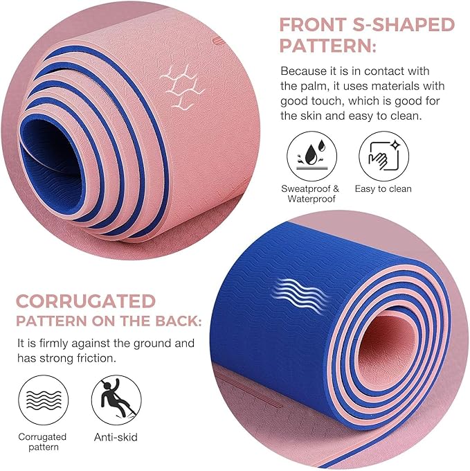 Yoga Mat Non Slip TPE Extra Wide Yoga Mat with Alignment Mark, 72"L x 32"W x 0.32"/0.24"Th (183cm x 80cm x 8mm/6mm), Anti-Tear Exercise Mat with Carrying Strap and Bag, Workout Mats for Yoga, Pilates - Bloomnest