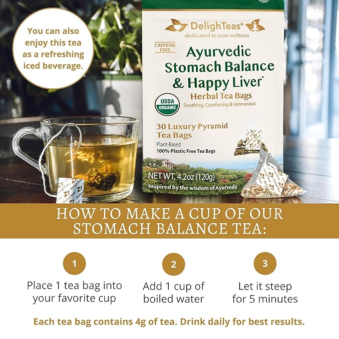 DelighTeas Ayurvedic Herbal Stomach & Liver Tea Bags | Eco-Friendly, Compostable Pyramids | Organic Milk Thistle, Fennel, Ginger, Peppermint & Licorice | Caffeine-Free, Kosher | 30 Tea Bags 4g Each - Bloomnest