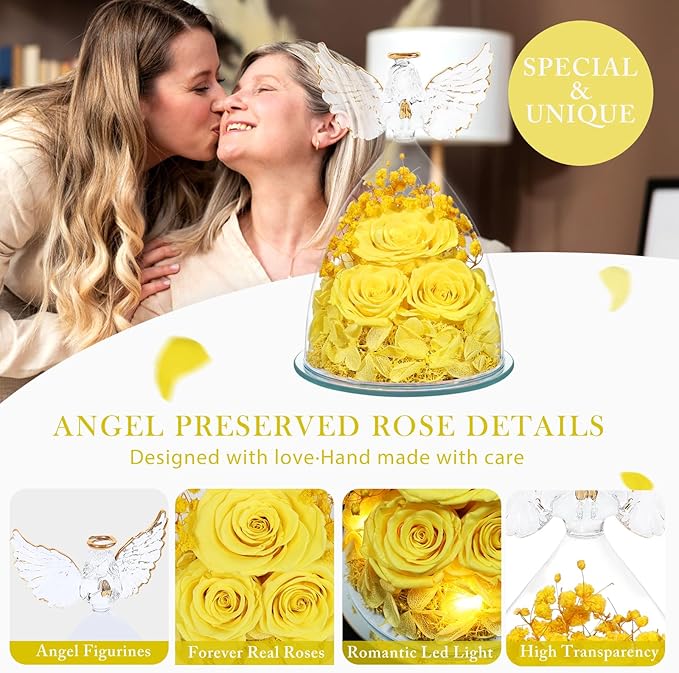Valentines Day Gifts for Her Women Preserved Flower Rose, Forever Eternal Fresh Flowers in Glass Angel Figurines Flowers for Delivery Prime for Grandma Mom Sister Her Wife on Mothers Day Birthday - Bloomnest